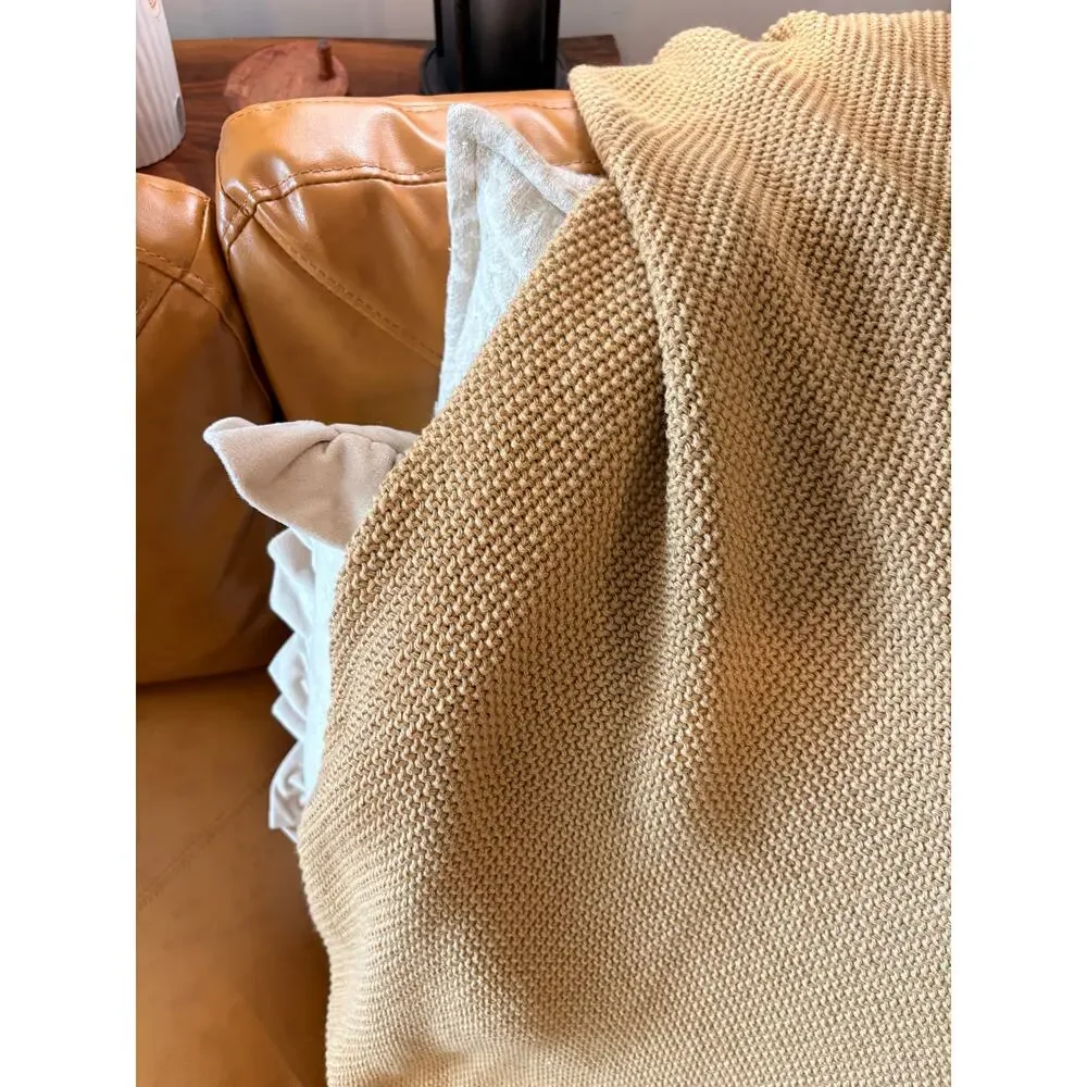 Vintage Chunky Knit Throw Blanket 62x54 Camel Tan Heavy Garter Knit Neutral